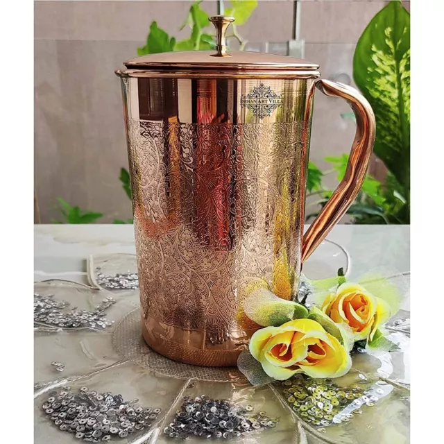 Copper Jug Pitcher with Brass Knob Embossed Design Serving Water, Volume 2000 ML