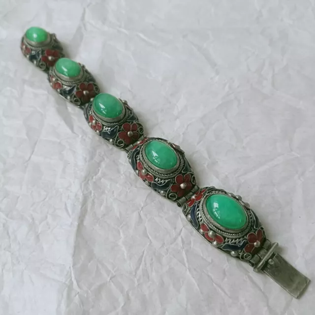 Exquisite Old Chinese tibet silver Cloisonne inlay jade handmade Bracelet 68012 2