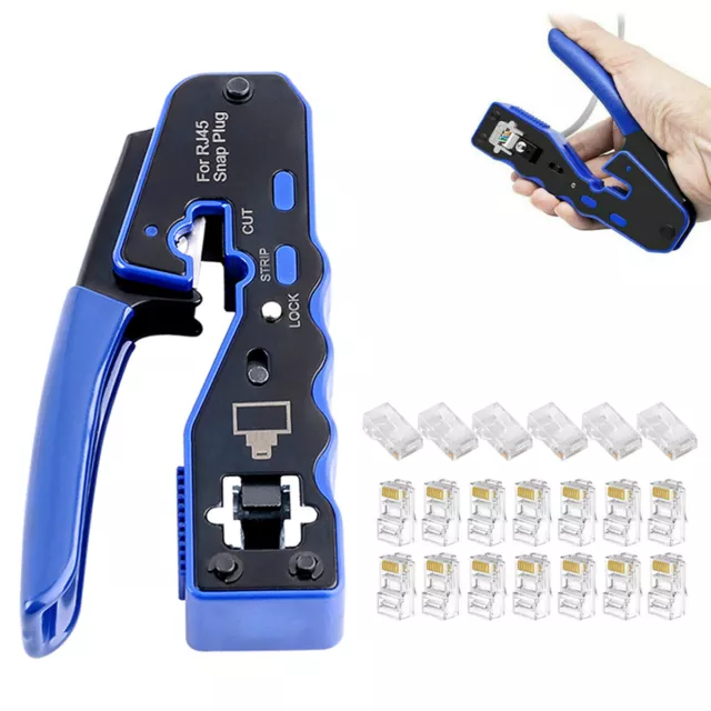 RJ45 EZ Pass Through Crimping Tool Crimper + 20 Connectors LAN Cat 5 5e 6 6a