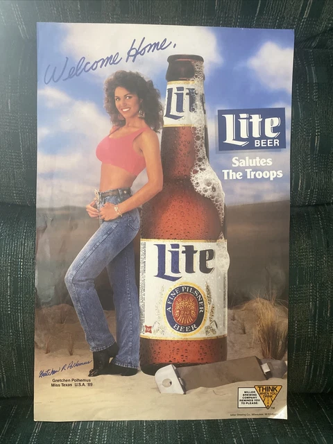 VINTAGE 1989 MILLER LITE MISS TEXAS Gretchen Polhemus BEER POSTER Salutes Troops