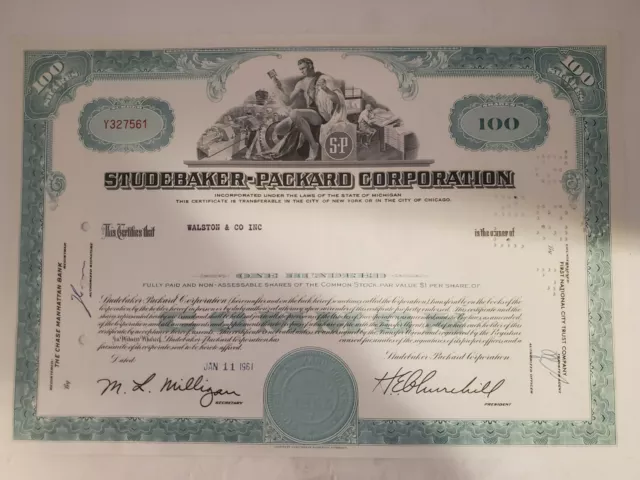 Studebaker - Packard Corporation 100 Share Stock Certificate 1961 Green