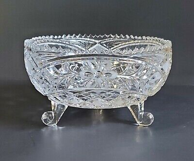 Footed Cut Glass Bowl, 6.25", Sawtooth Edge, Etched Flowers, Vintage, Excellent