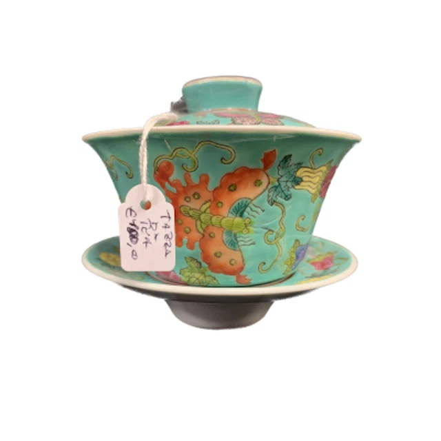 Raffinata  ANTICA TAZZA PORCELLANA ORIENTALE FARFALLE SU FONDO VERDE ACQUA