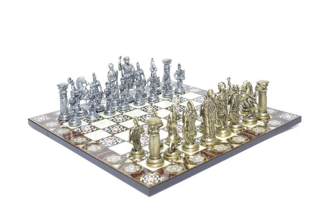 SET SCACCHI TAVOLA IN METALLO GRECO ROMANO OTTONE ROSSO PEZZI FATTI A MANO GRECIA 13 301R 3504313491069