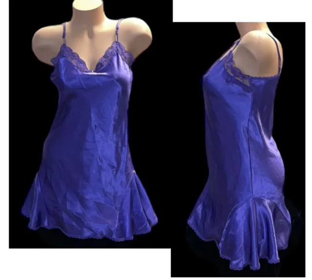 Petra Fashions Vintage Purple Shiny Satin Lace Trim Nightgown Womens M