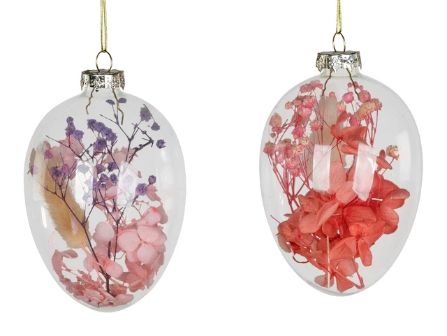 2er Set Pasqua Decorazione Appendere Uova Fiori Secchi H.12cm Vetro FORMANO O23