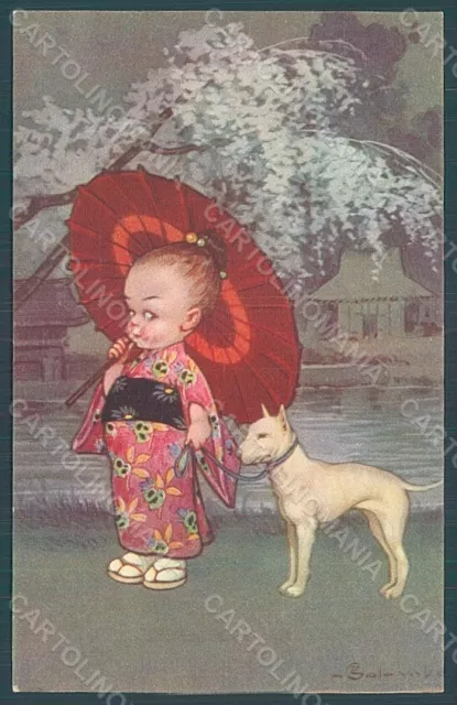 Artist Signed Colombo E. Girl Geisha Dog serie 1982-4 postcard HR2694