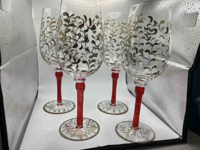 PIER 1 Ruby Wine Water Goblet Red Gold Set of 4 Blown Glass Party Entertaining