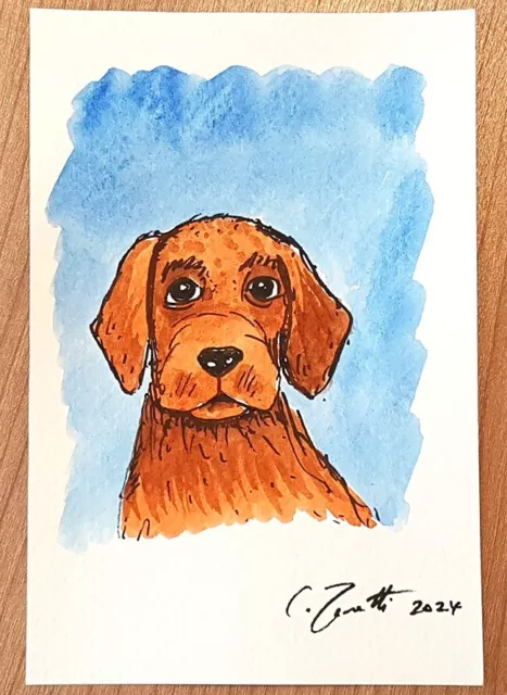 CHRIS ZANETTI Original Watercolor Painting DOG Puppy Pet Animal 6"x4" Signed Art