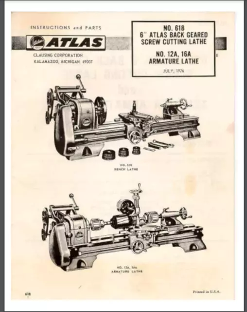 ATLAS/CRAFTSMAN 6" Metal Lathe NO. 618 Instructions & Parts Manual 1976