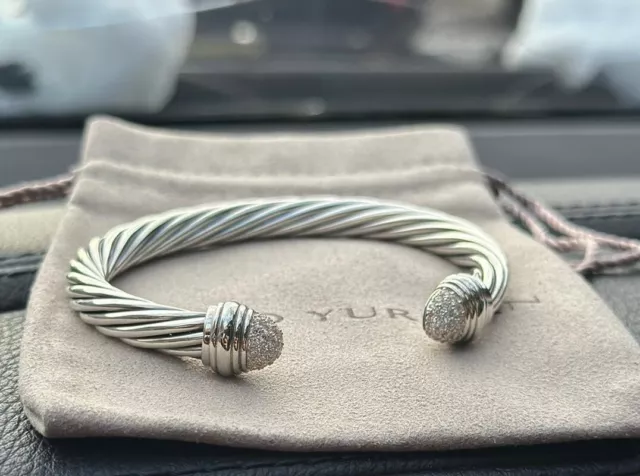 David Yurman 7mm Cable Bracelet & Sterling Silver W/ PAVE DIAMONDS MEDIUM