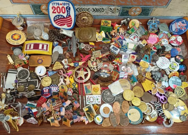 Junk Drawer Lot Collectible Pins 14K Tokens Harley Olympics WWII Buckle Nascar +