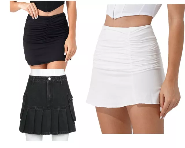 Women High Waist Pleated Denim Mini Skirt Casual A Line Jean Skirts with Pocket