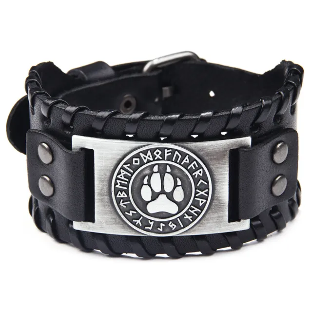 Wholesale Price! Viking Wolf Paw&Vegvisir Rune Leather Cuff Wristband Bracelet
