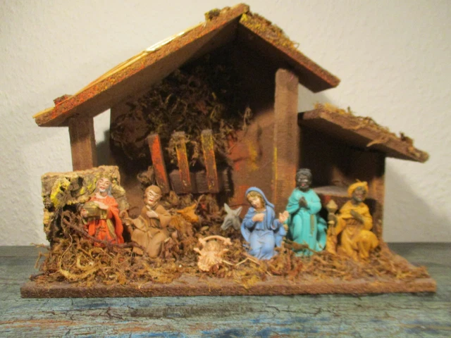 Vintage Weihnachtskrippe mit 8 Figuren 33x14x24cm Handarbeit Weihnachten Advent