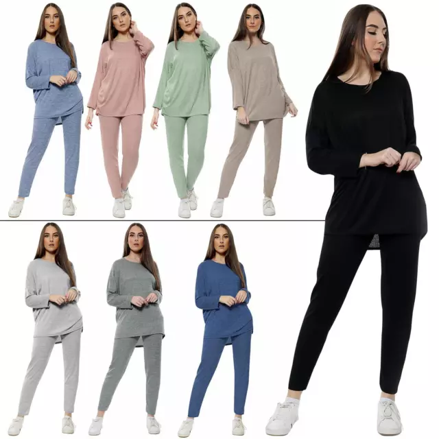 Womens Ladies Long Sleeve Plain Lounge Wear Set Casual Comfy Two Piece Tracksuit