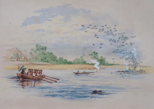 19th Century English Colonial School. Fine watercolour of a river scene and boat