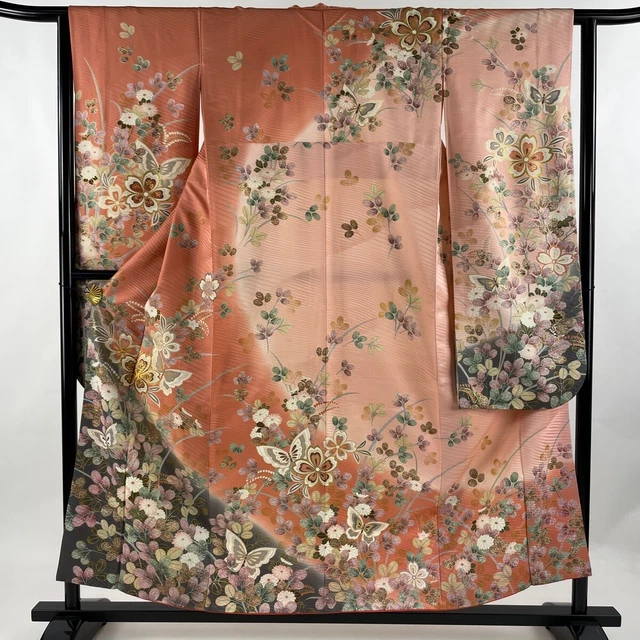 Japanese Silk Kimono Vintage Furisode Gold Butterfly Cherry Blossom Pink 61"