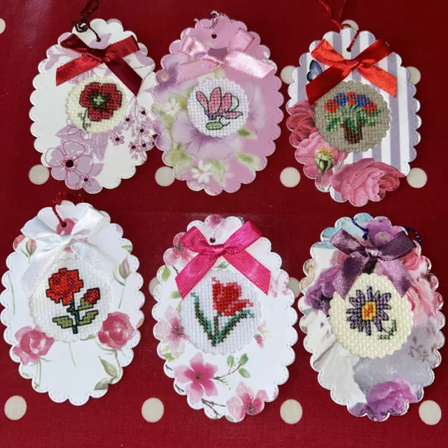 6 Hand Crafted Floral Cross Stitched Gift Tags