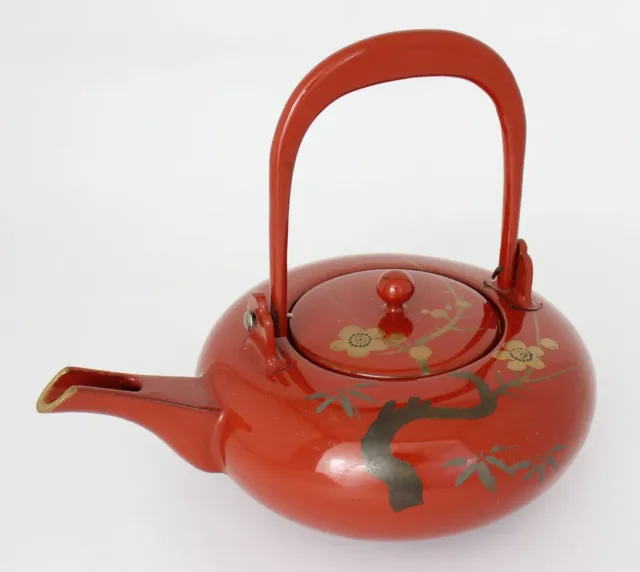 Japanese Lacquer Ware Sake Kettle Pot Wood Red Plum Blossoms Vintage