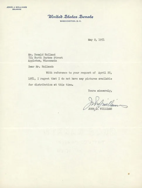 Senator John J. Williams Signed Letter