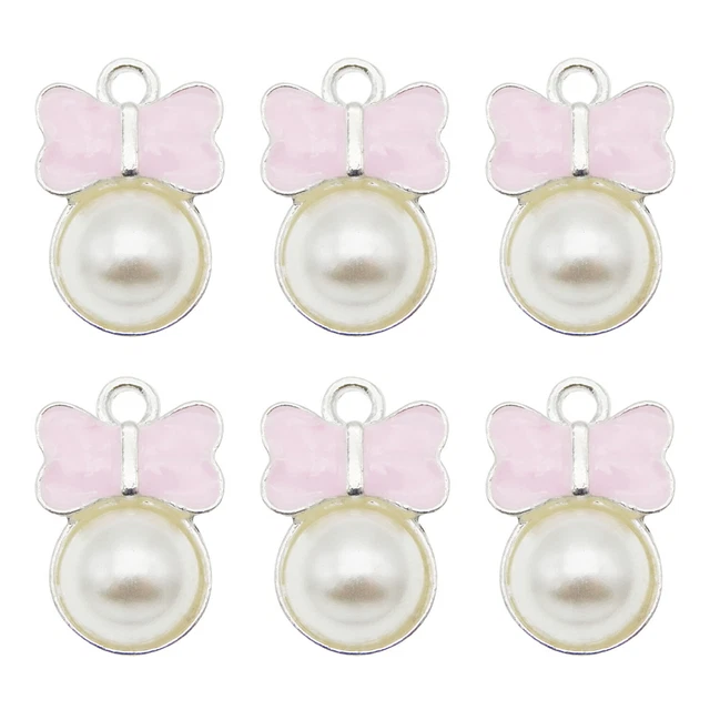12 Stück Rosa Bogenknoten Emaille Charm mit Plastikperle Silber Anhänger 10x15mm