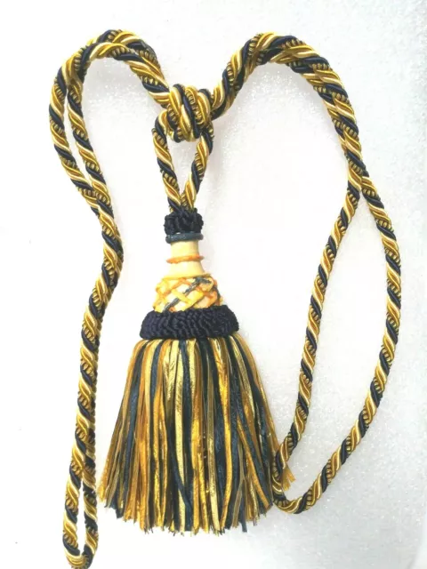 2 Resin Top, Ribbon TIE-BACKS 9" Tassel - NAVY BLUE/GOLD/YELLOW - Drapery Trim