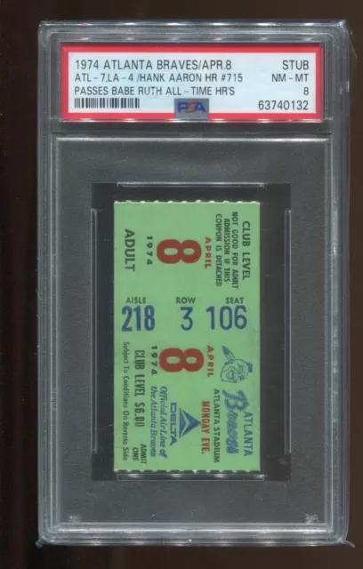 Hank Aaron HR # 715 Breaks Babe Ruth Record PSA Baseball Ticket 1974 - 4/8 PSA 8