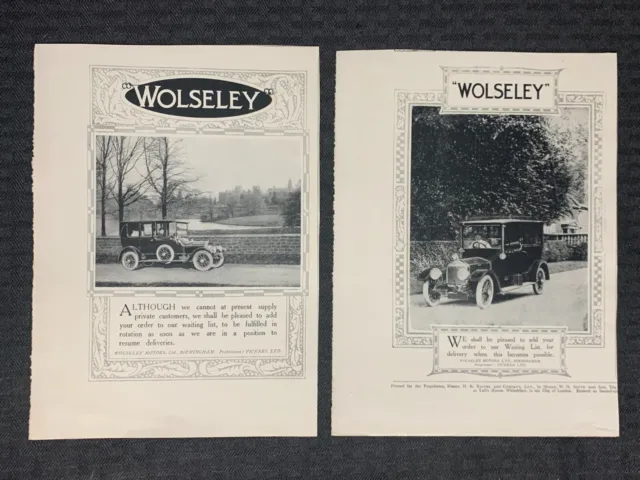 1916 WOLSELEY MOTOR CAR CO. 6x8.5" Automotive Print Ad VG/VG+ Delivery 2pcs