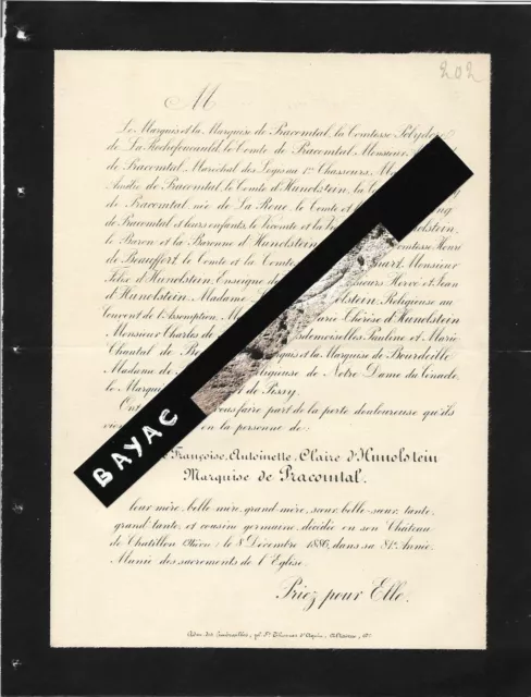 FAIRE PART DECES + Françoise Claire d'HUNOLSTEIN marquise de PRACOMTAL + 1886