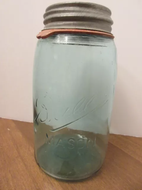 Antique Ball Mason Jar 1 Qt Teal Triple L Circa 1896-1910 Three Marks Bottom