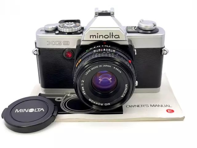 Minolta XG9 35mm SLR Film Camera + MD Rokkor 45mm f/2 Prime Lens + Cap + Manual