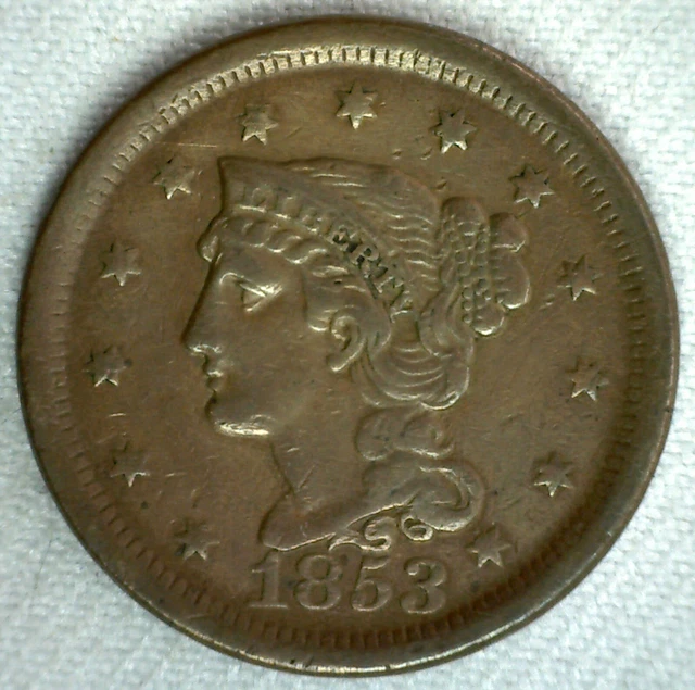 1853 Braided Hair US Large Cent Coin 1c US Coin XF Extra Fine Circulated Penny
