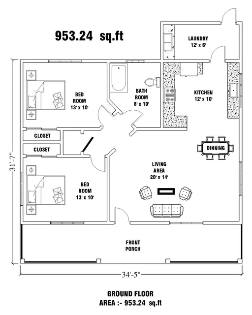 34' x 31' Modern Tiny House Plans 953 sq.ft - 2 Bed & 1 Bath Room with CAD File