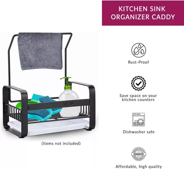 Kitchen Rack Sink Organizer Caddy Plastic Drain Tray Sponge &Handy Bar for Cloth