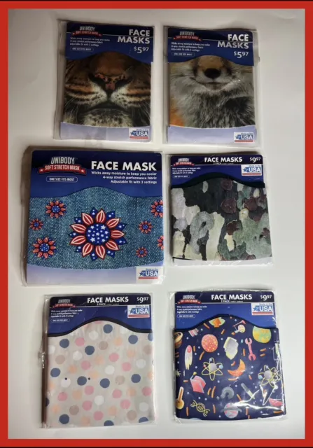 9 Unibody Soft Stretch Face Masks One Size Made In USA Moisture Wicking Unopened