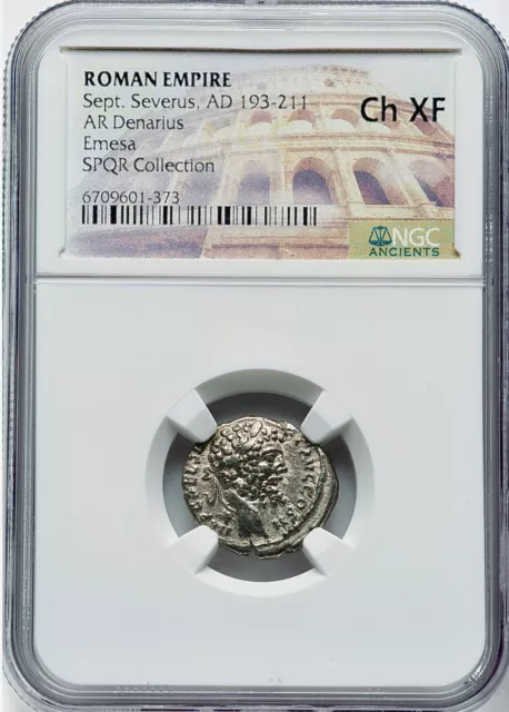 Rome 193-211 AD Septimius Severus AR Denarius Silver Emesa NGC Choice XF “SPQR”