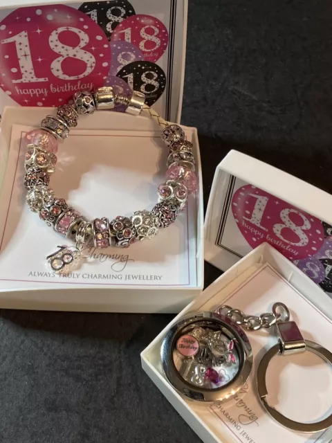 18th Happy Birthday Charm Bracelet and Memory Locket Pink Set 2 Gift Boxed Items