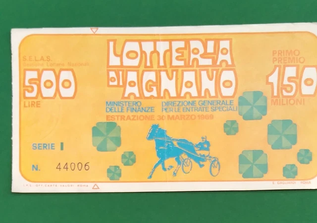 Biglietto Lotteria Di AGNANO 1969 Serie I Num. 44006