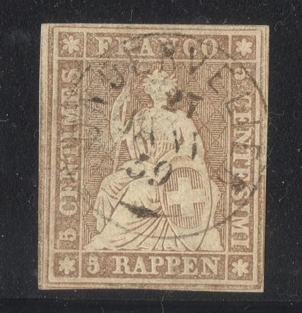 SUISSE ! Timbre ancien de 1854 n°32 5r Brun rouge papier mince ! Signé