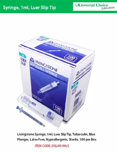 Livingstone Syringe 1ml Luer Slip Tip Tuberculin Blue Plunger Latex Free 100/Box