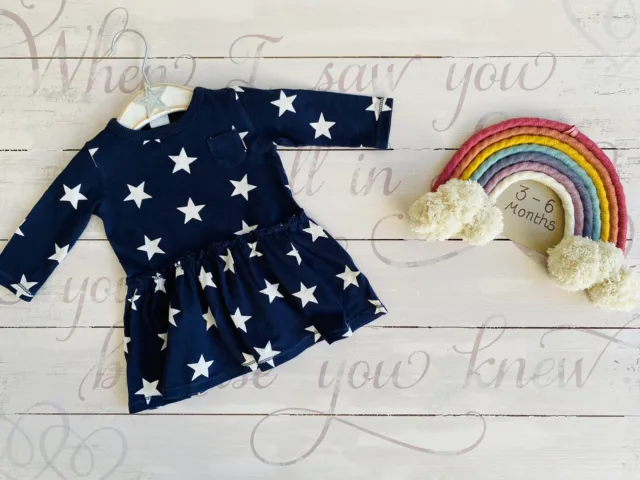 next baby girl long sleeve navy and white star dress 3-6 months