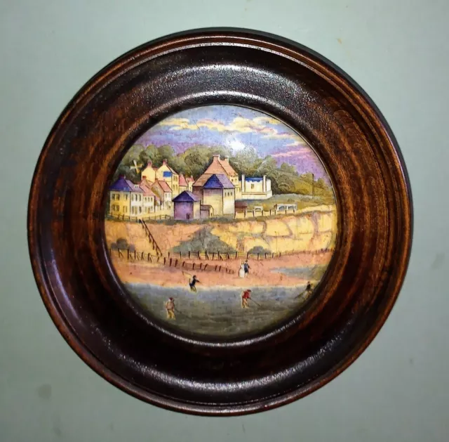 Antique Prattware Pot Lid In Wooden Frame .Pegwell Bay + 4 Shrimpers