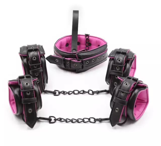 Pink PU Leather Bondage Neck Collar Handcuffs Wrist Ankle Cuffs Restraint Set SM