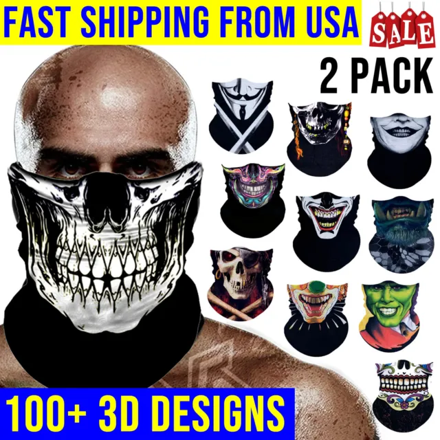 2 Pack Skull Face Mask American flag Neck Gaiter Bandana Headband Balaclava UV