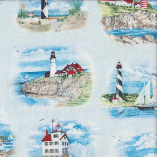 Lighthouses Beacons of Light Ocean Beach Landscape Quilting Fabric 1/2 Metre