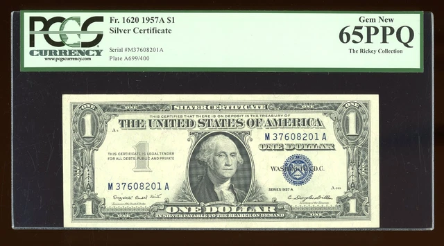 DBR $1 1957-A Silver Gem Fr. 1620 MA Block PCGS 65 PPQ Serial M37608201A