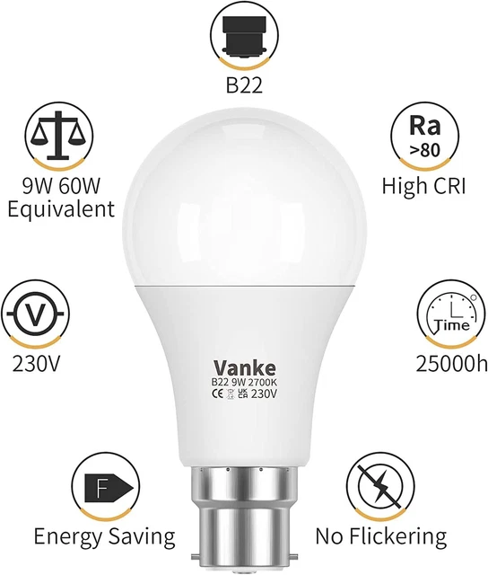 Vanke Bajonett Glühbirne 60w, B22 LED Glühbirnen warmweiß 2700K, 9w Energie... 3