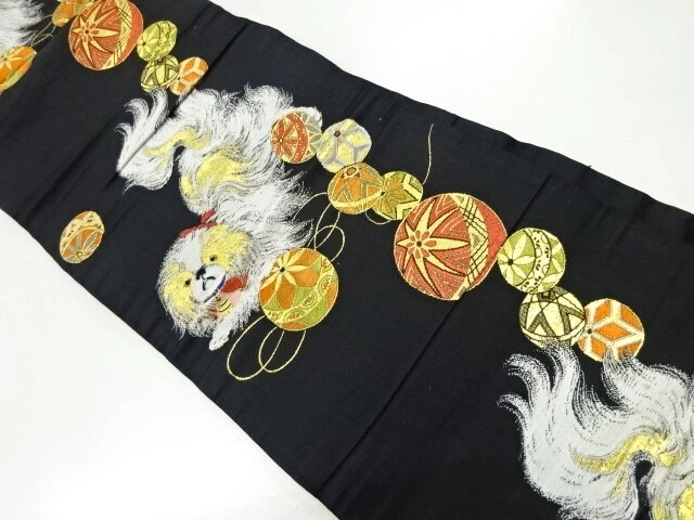 45250# Japanese Kimono / Antique Nagoya Obi / Woven Mari Ball With Chin Dog