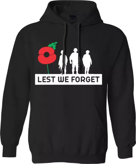 Lest We Forget Hoodie Remembrance Day Poppy Flower British Armed Forces War